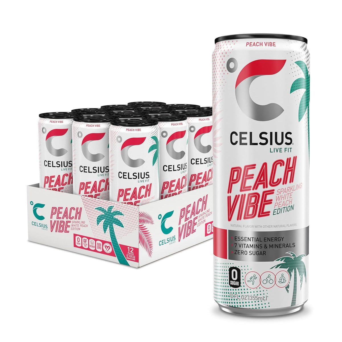 CELSIUS PEACH VIBE Sparkling White Peach, Sugar Free Energy Drink, 12 Fl Oz (Pack of 12)